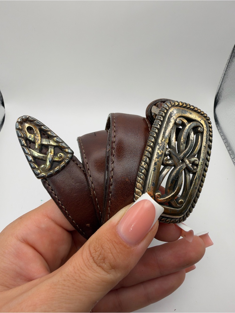 Vintage 1995 Brighton Brown Leather Belt with Ornate Aged-Gold Buckle